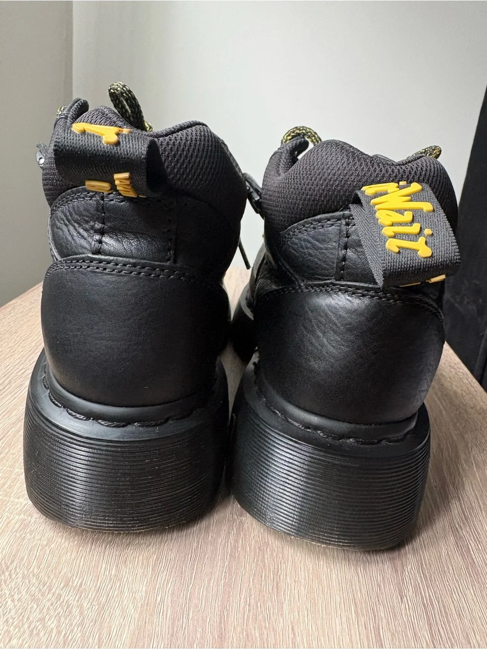 Dr. Martens Black Leather Woodard Boots with Yellow Stitching